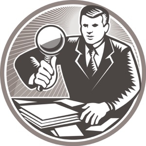 Businessman Magnifying Glass Looking Documents